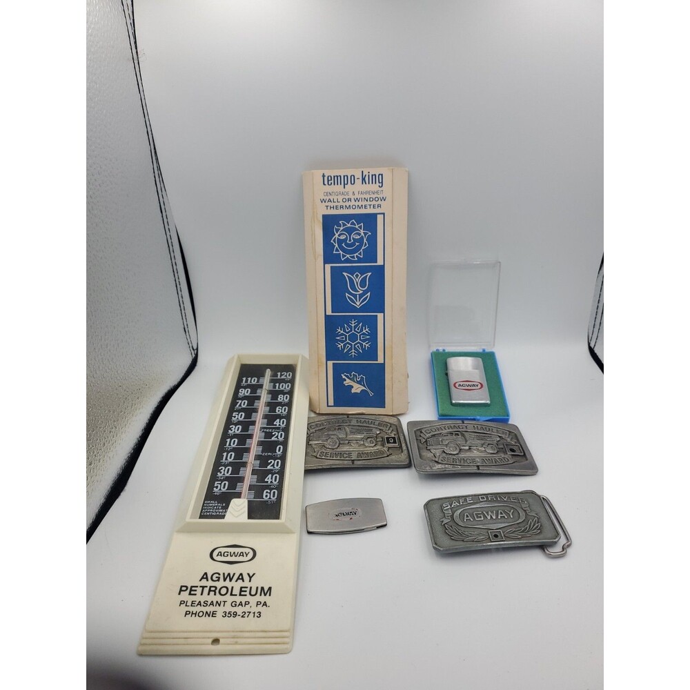 Lot Vtg Advertising Agway Farm Safe Driver Belt Buckle Clip Thermometer Lighter